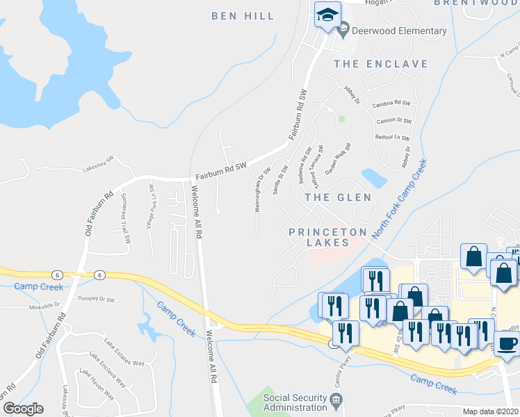 map of restaurants, bars, coffee shops, grocery stores, and more near 3268 Welmingham Drive Southwest in Atlanta