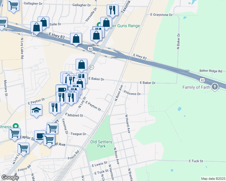 map of restaurants, bars, coffee shops, grocery stores, and more near 1700 Baker Road in Sherman