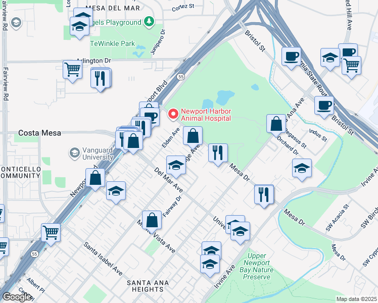 map of restaurants, bars, coffee shops, grocery stores, and more near 2669 Orange Avenue in Costa Mesa