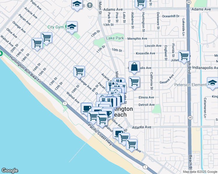 map of restaurants, bars, coffee shops, grocery stores, and more near 517 7th Street in Huntington Beach