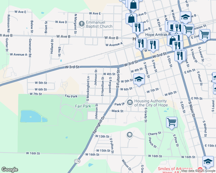 map of restaurants, bars, coffee shops, grocery stores, and more near 1005 West 5th Street in Hope