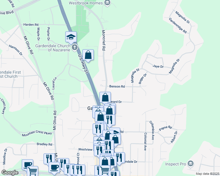 map of restaurants, bars, coffee shops, grocery stores, and more near 194 Benson Road in Gardendale