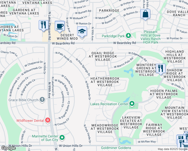 map of restaurants, bars, coffee shops, grocery stores, and more near 9845 West Behrend Drive in Peoria