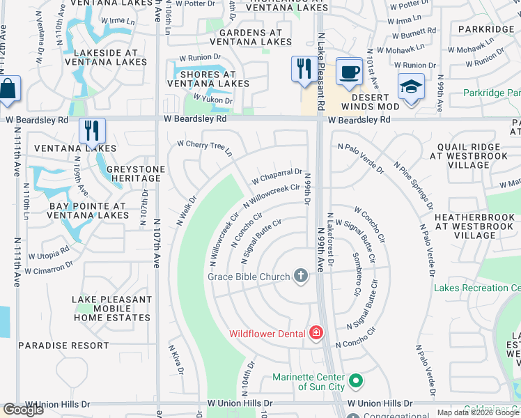 map of restaurants, bars, coffee shops, grocery stores, and more near 19801 North Willowcreek Circle in Sun City