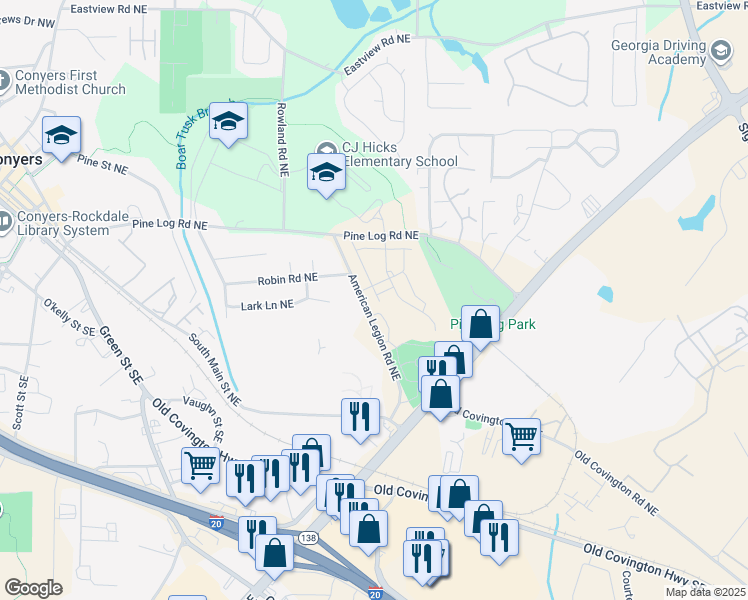 map of restaurants, bars, coffee shops, grocery stores, and more near 677 American Legion Road Northeast in Conyers