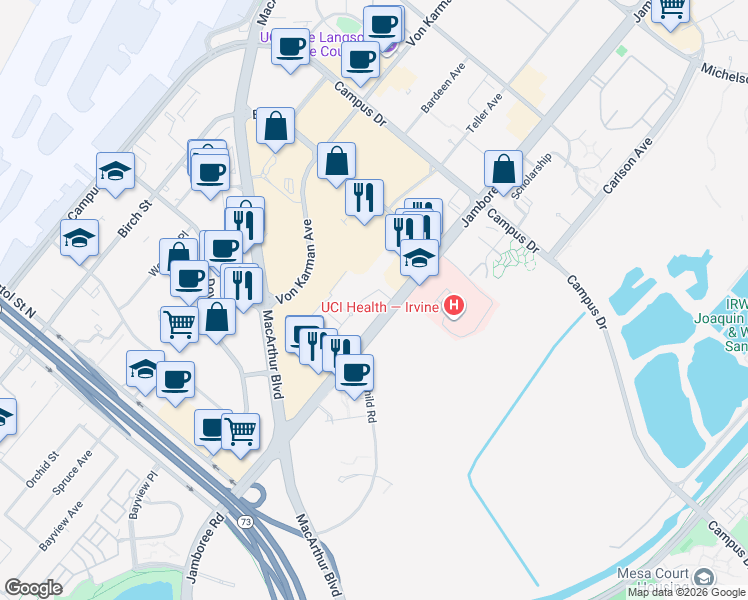 map of restaurants, bars, coffee shops, grocery stores, and more near 4301 Jamboree Road in Newport Beach
