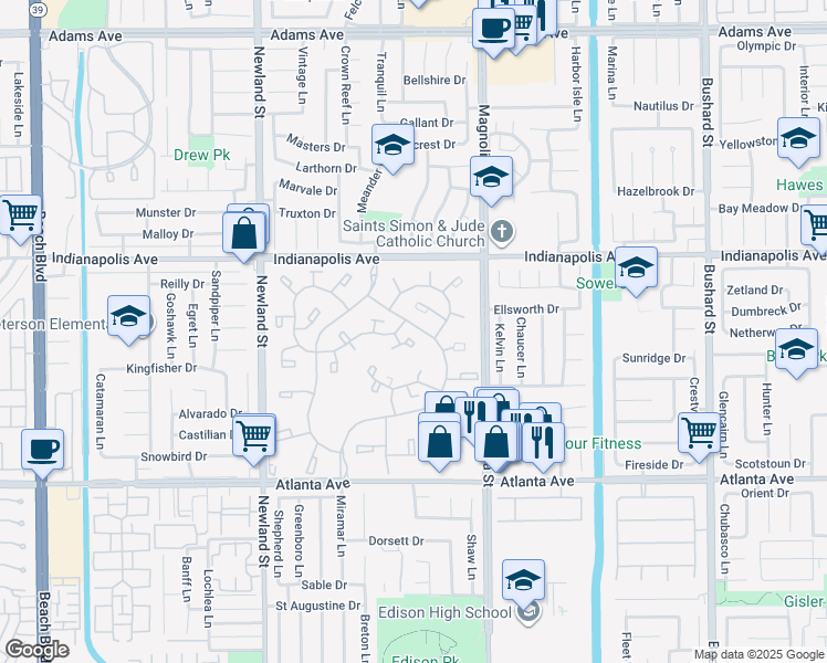 map of restaurants, bars, coffee shops, grocery stores, and more near in Huntington Beach