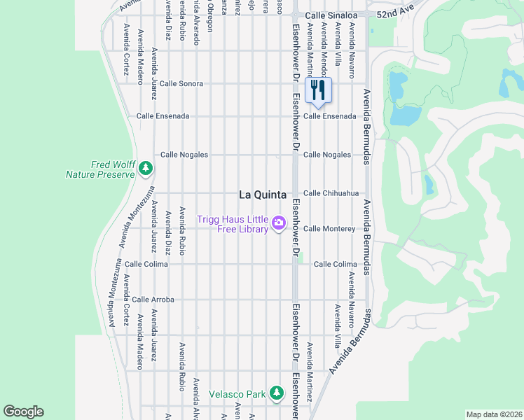 map of restaurants, bars, coffee shops, grocery stores, and more near 53125 Avenue Herrera in La Quinta