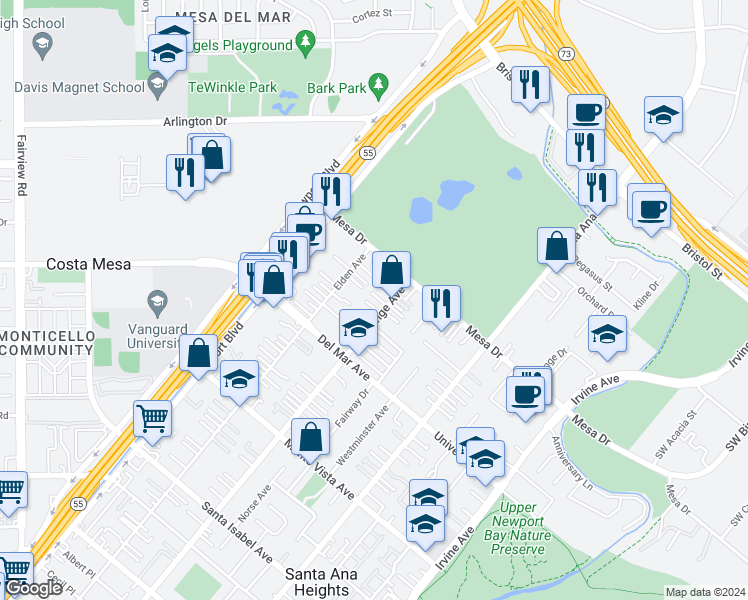 map of restaurants, bars, coffee shops, grocery stores, and more near 2661 Orange Avenue in Costa Mesa