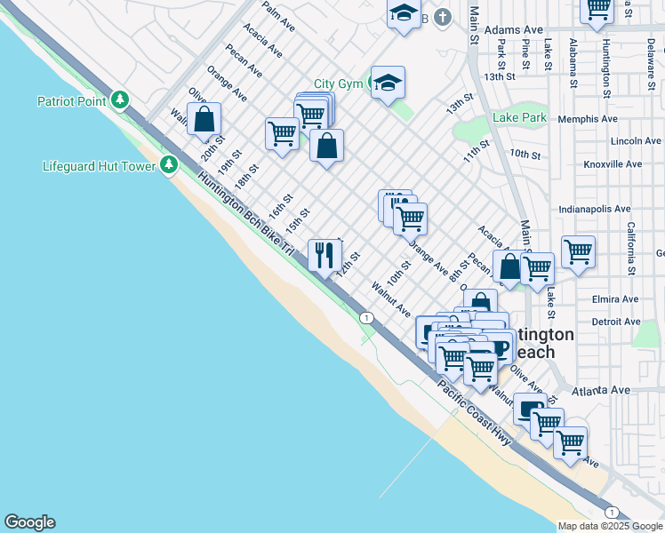 map of restaurants, bars, coffee shops, grocery stores, and more near in Huntington Beach