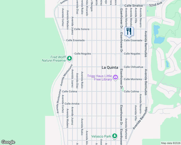 map of restaurants, bars, coffee shops, grocery stores, and more near 53121 Avenue Obregon in La Quinta