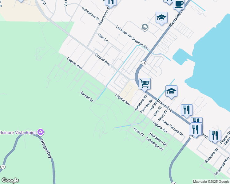 map of restaurants, bars, coffee shops, grocery stores, and more near 15219 Laguna Avenue in Lake Elsinore