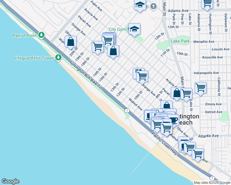 map of restaurants, bars, coffee shops, grocery stores, and more near 1200 Pacific Coast Highway in Huntington Beach