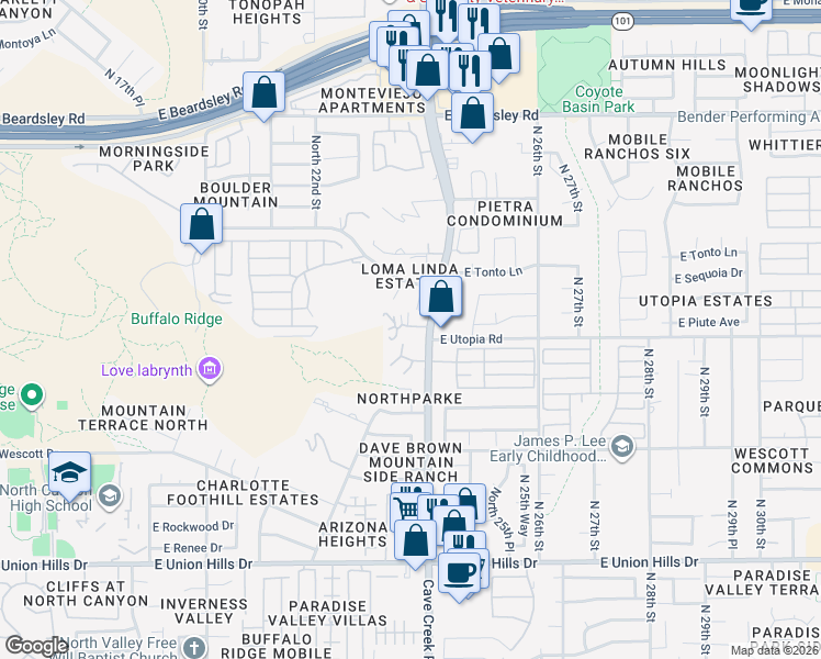 map of restaurants, bars, coffee shops, grocery stores, and more near 2336 East Utopia Road in Phoenix