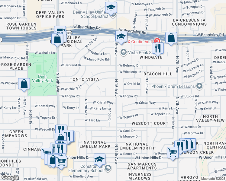 map of restaurants, bars, coffee shops, grocery stores, and more near 19426 North 15th Avenue in Phoenix
