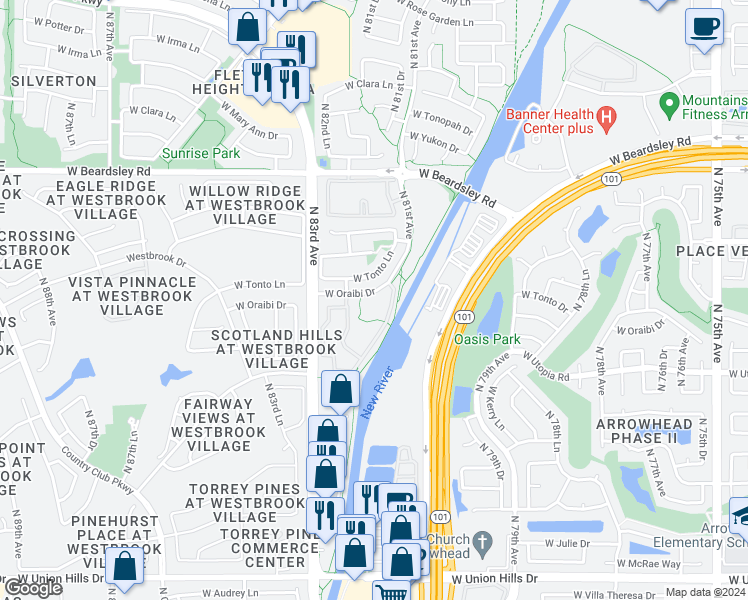 map of restaurants, bars, coffee shops, grocery stores, and more near 26 West Oraibi Drive in Peoria