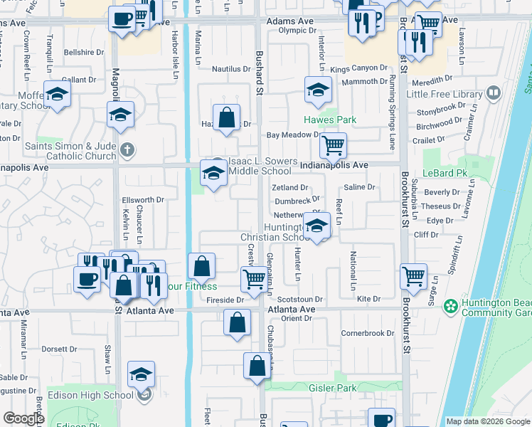 map of restaurants, bars, coffee shops, grocery stores, and more near 9532 Dumbreck Drive in Huntington Beach