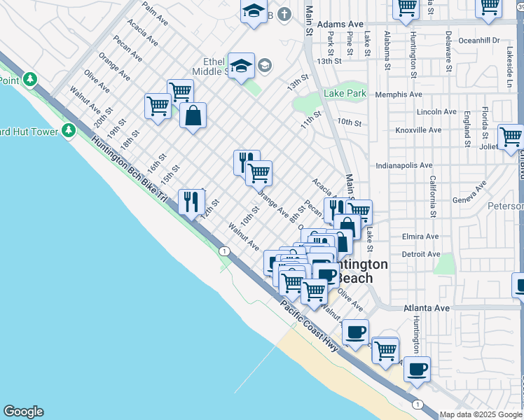 map of restaurants, bars, coffee shops, grocery stores, and more near 310 11th Street in Huntington Beach
