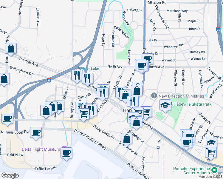 map of restaurants, bars, coffee shops, grocery stores, and more near 3361 Myrtle Street in College Park