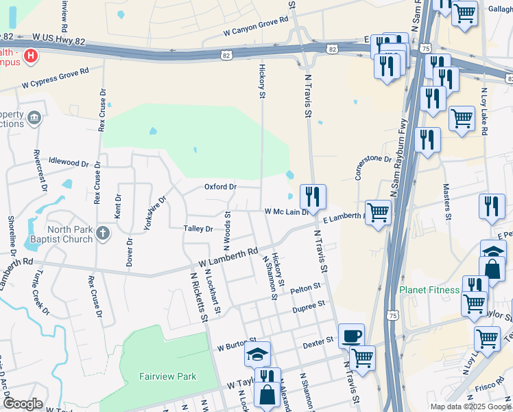 map of restaurants, bars, coffee shops, grocery stores, and more near 414 Oxford Drive in Sherman
