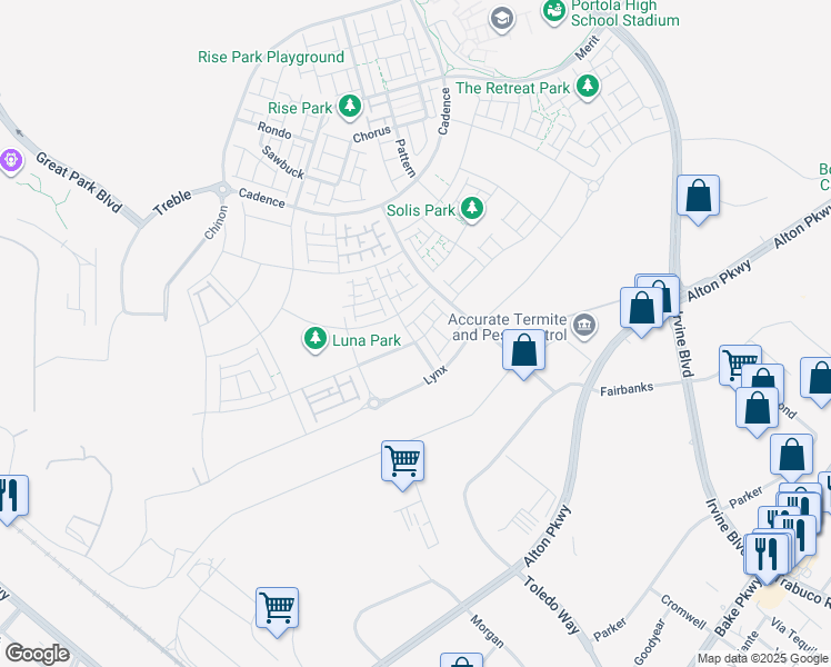 map of restaurants, bars, coffee shops, grocery stores, and more near 423 Flycatcher in Irvine