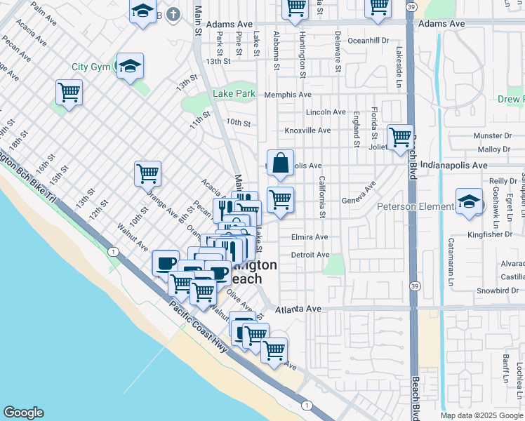 map of restaurants, bars, coffee shops, grocery stores, and more near in Huntington Beach