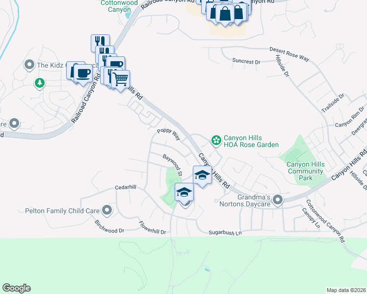 map of restaurants, bars, coffee shops, grocery stores, and more near 32059 Poppy Way in Lake Elsinore