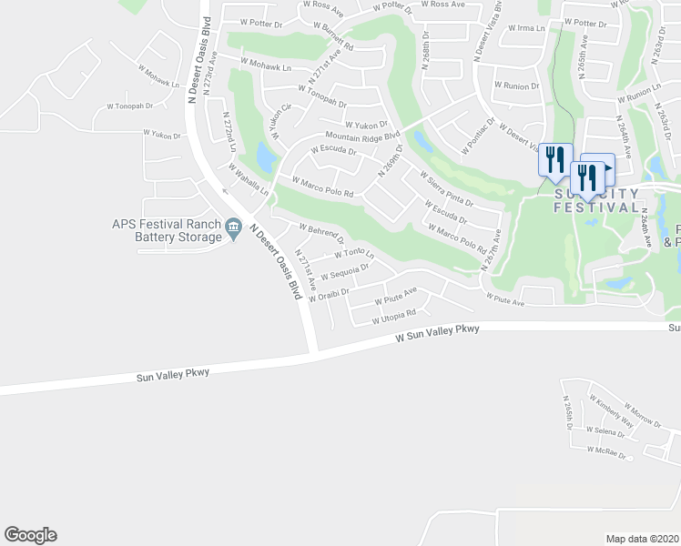 map of restaurants, bars, coffee shops, grocery stores, and more near 26086 West Sequoia Drive in Buckeye