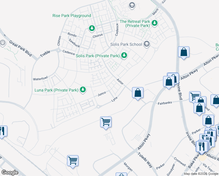map of restaurants, bars, coffee shops, grocery stores, and more near 423 Flycatcher in Irvine