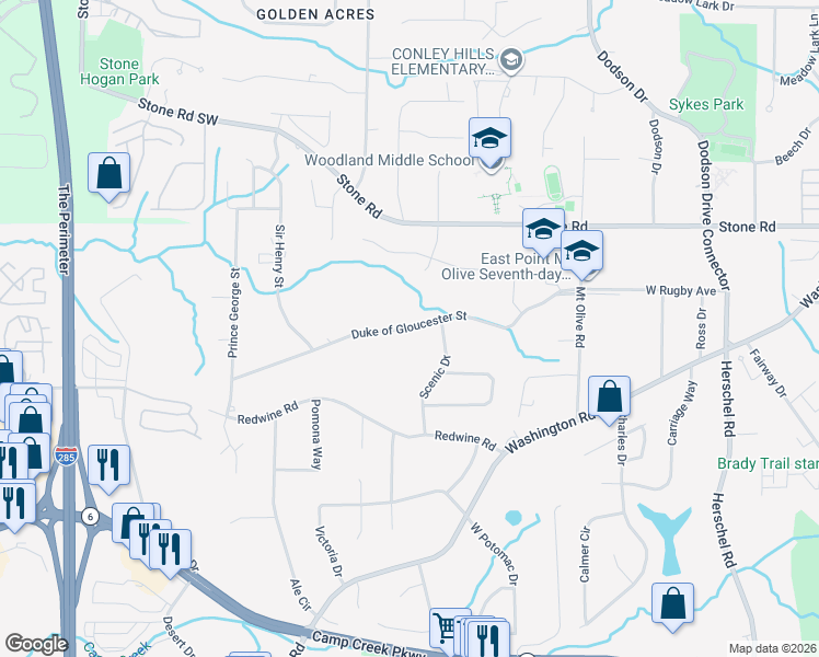 map of restaurants, bars, coffee shops, grocery stores, and more near 2920 Duke of Gloucester Street in East Point