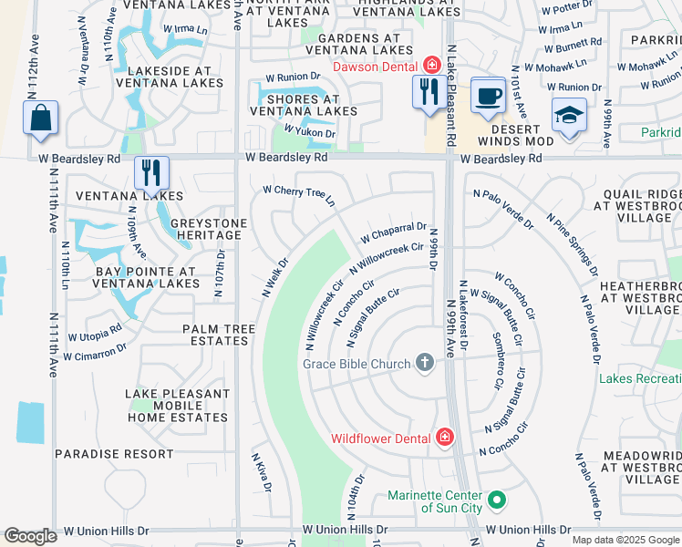 map of restaurants, bars, coffee shops, grocery stores, and more near 19642 North Willowcreek Circle in Sun City