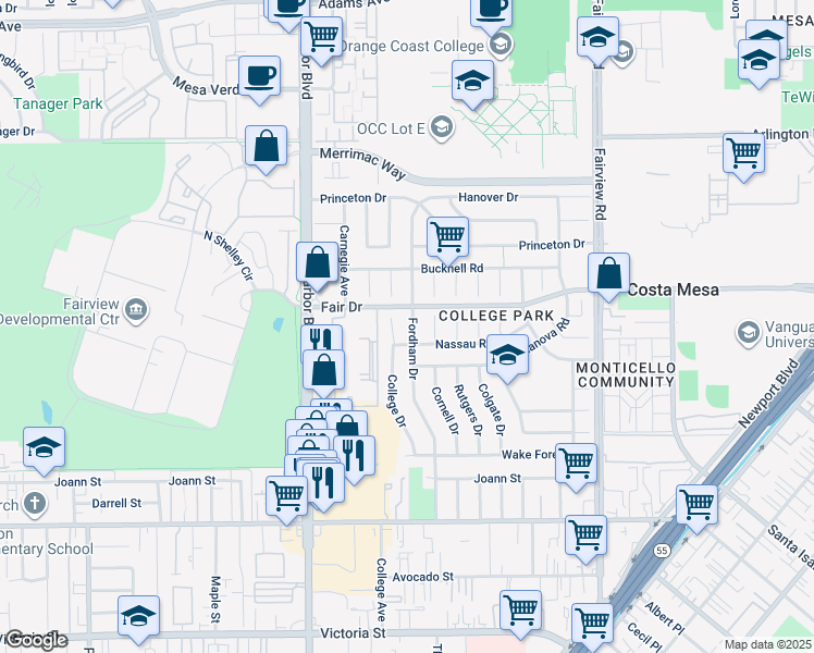 map of restaurants, bars, coffee shops, grocery stores, and more near 2437 Fordham Drive in Costa Mesa