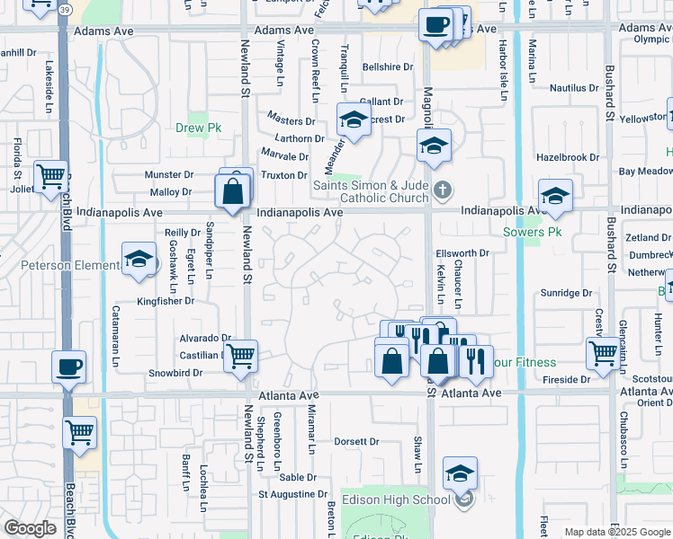 map of restaurants, bars, coffee shops, grocery stores, and more near 8646 Butte Circle in Huntington Beach