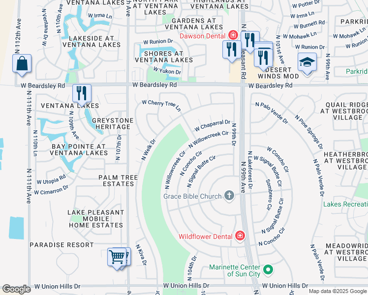 map of restaurants, bars, coffee shops, grocery stores, and more near 19642 North Willowcreek Circle in Sun City