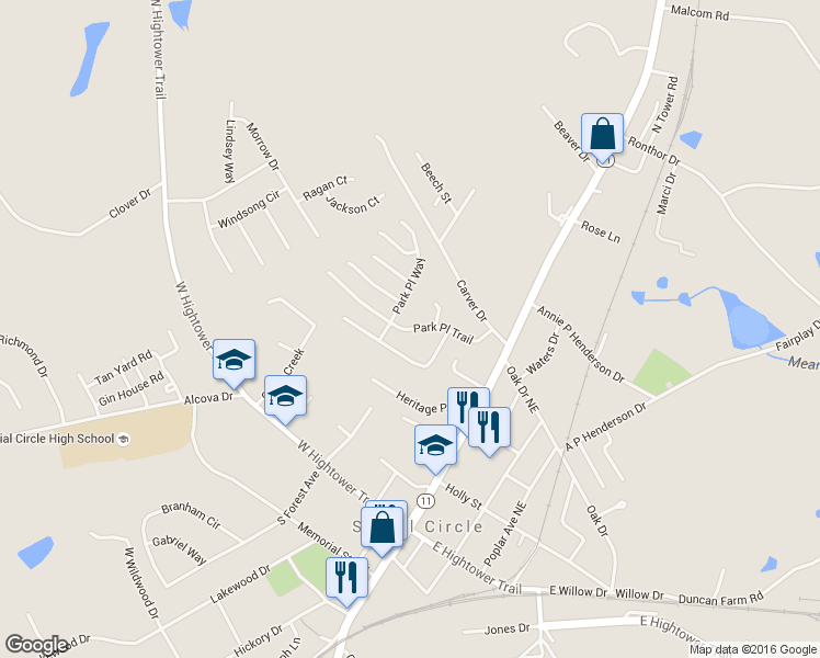 map of restaurants, bars, coffee shops, grocery stores, and more near Park Place Trail in Social Circle
