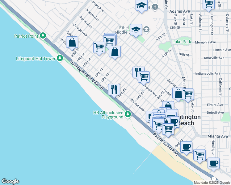 map of restaurants, bars, coffee shops, grocery stores, and more near in Huntington Beach