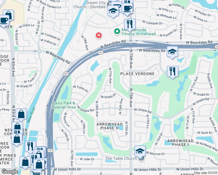 map of restaurants, bars, coffee shops, grocery stores, and more near 7703 West Behrend Drive in Glendale