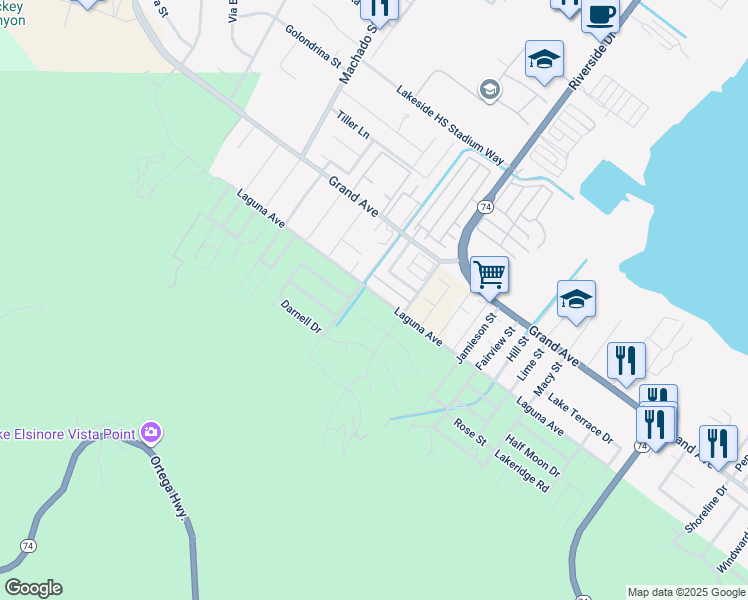 map of restaurants, bars, coffee shops, grocery stores, and more near 15219 Laguna Avenue in Lake Elsinore