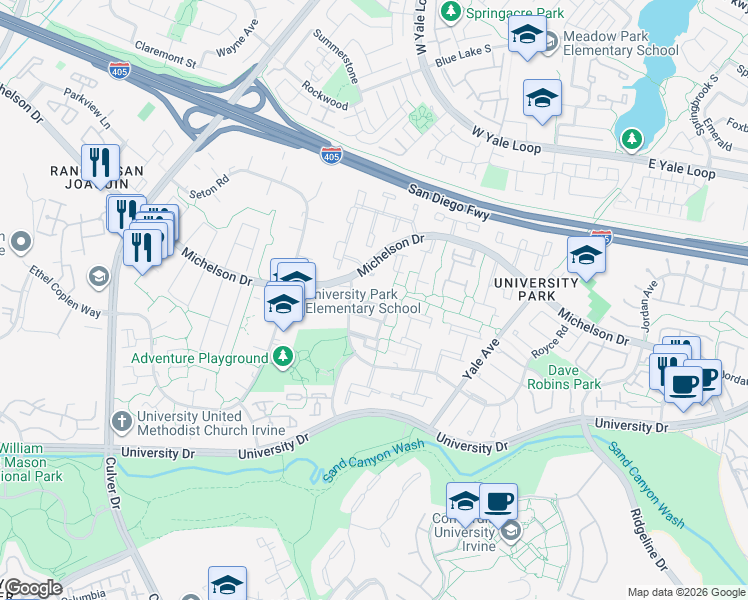 map of restaurants, bars, coffee shops, grocery stores, and more near 4581 Green Tree Lane in Irvine