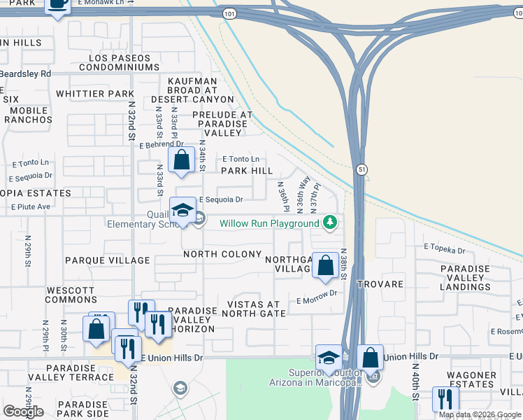 map of restaurants, bars, coffee shops, grocery stores, and more near 19422 North 36th Place in Phoenix