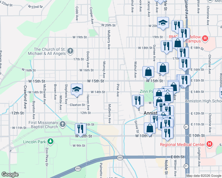 map of restaurants, bars, coffee shops, grocery stores, and more near 1407 Mulberry Avenue in Anniston