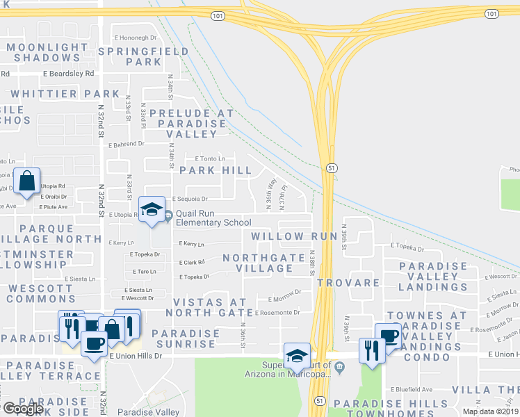 map of restaurants, bars, coffee shops, grocery stores, and more near 19414 North 36th Way in Phoenix
