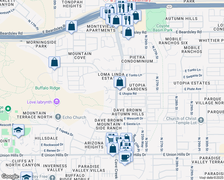 map of restaurants, bars, coffee shops, grocery stores, and more near 2336 East Utopia Road in Phoenix