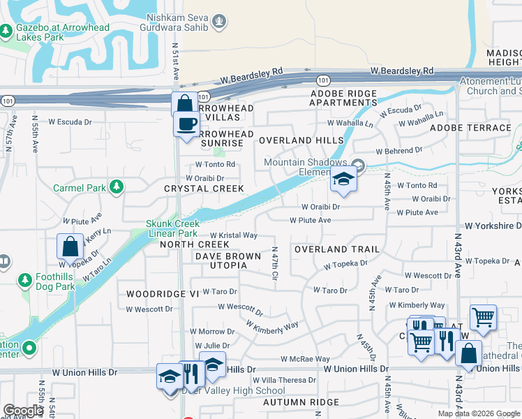 map of restaurants, bars, coffee shops, grocery stores, and more near 4778 West Oraibi Drive in Glendale