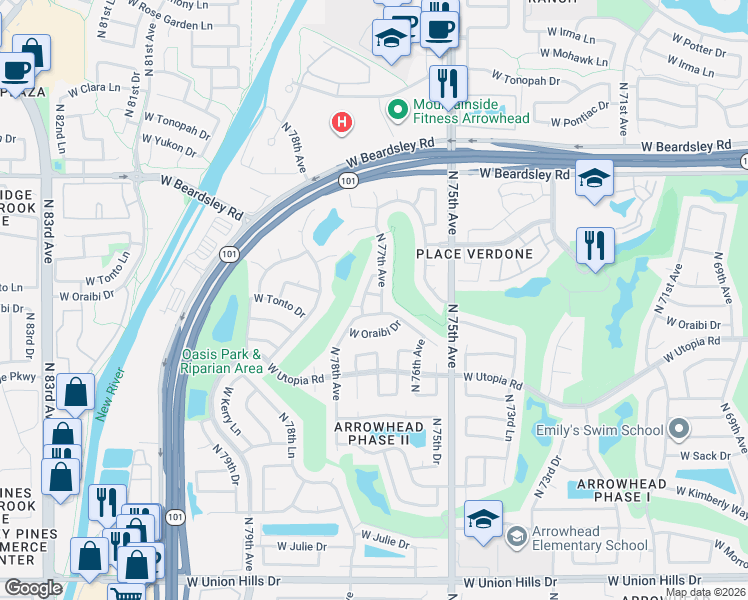 map of restaurants, bars, coffee shops, grocery stores, and more near 7712 West Behrend Drive in Glendale