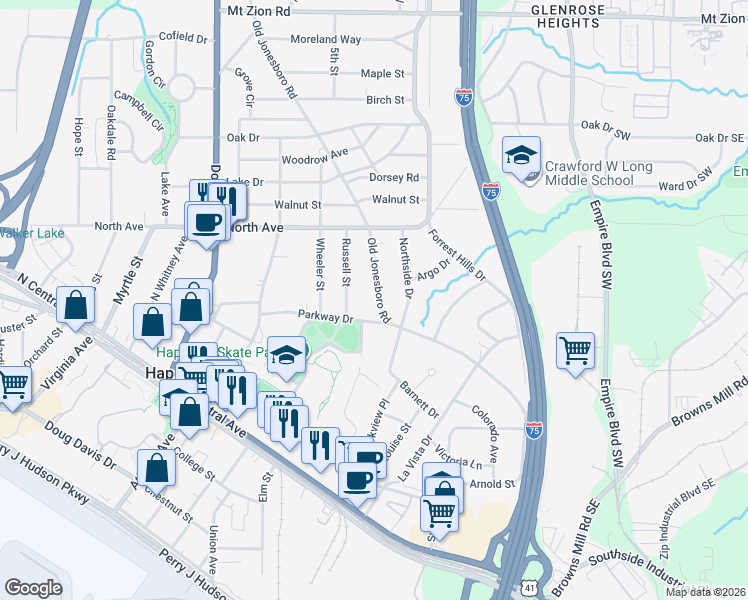 map of restaurants, bars, coffee shops, grocery stores, and more near 3371 Old Jonesboro Road in Hapeville