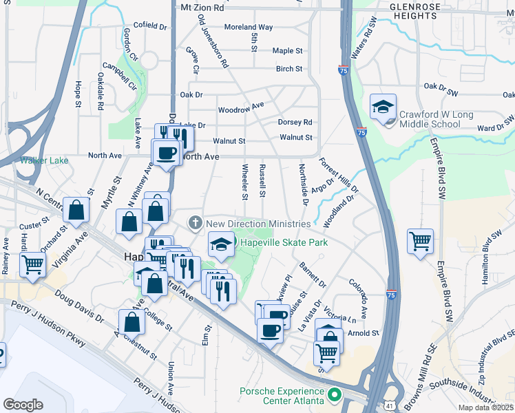 map of restaurants, bars, coffee shops, grocery stores, and more near 3323 Russell Street in Atlanta
