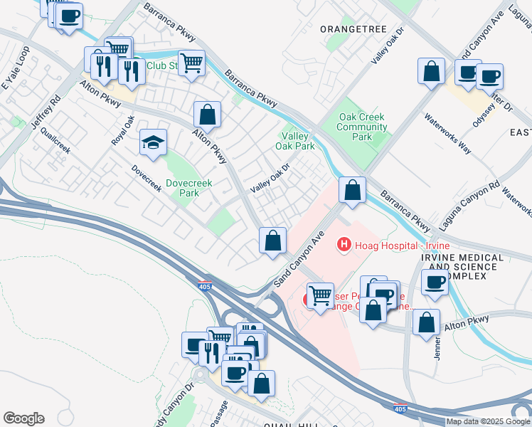 map of restaurants, bars, coffee shops, grocery stores, and more near 805 Oak Glen in Irvine