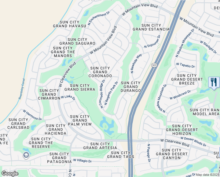 map of restaurants, bars, coffee shops, grocery stores, and more near 19632 North Regents Park Drive in Surprise