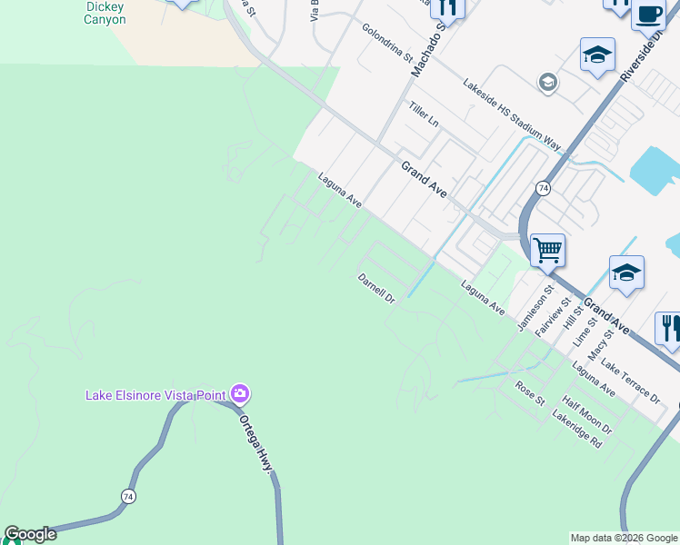 map of restaurants, bars, coffee shops, grocery stores, and more near 33378 Westlong Street in Lake Elsinore